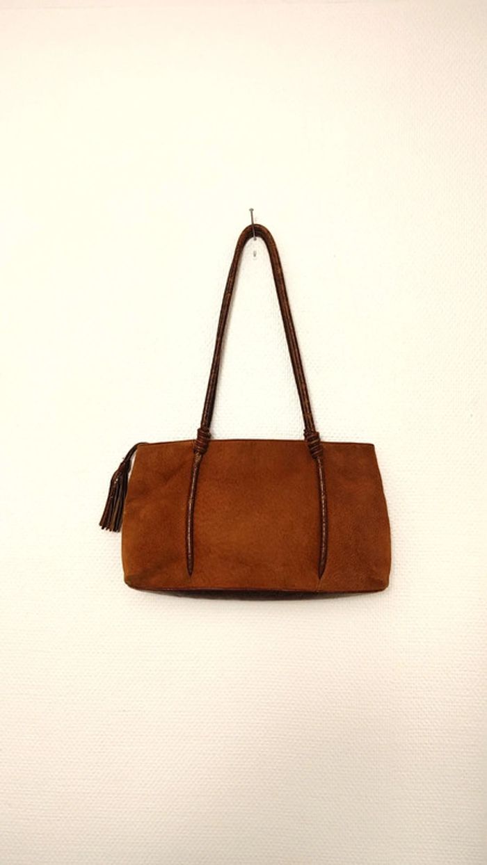 Sac en daim et cuir épaule bicolore marron Camel hanse et pompom