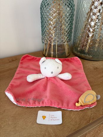 Doudou chat blanc rose oiseaux