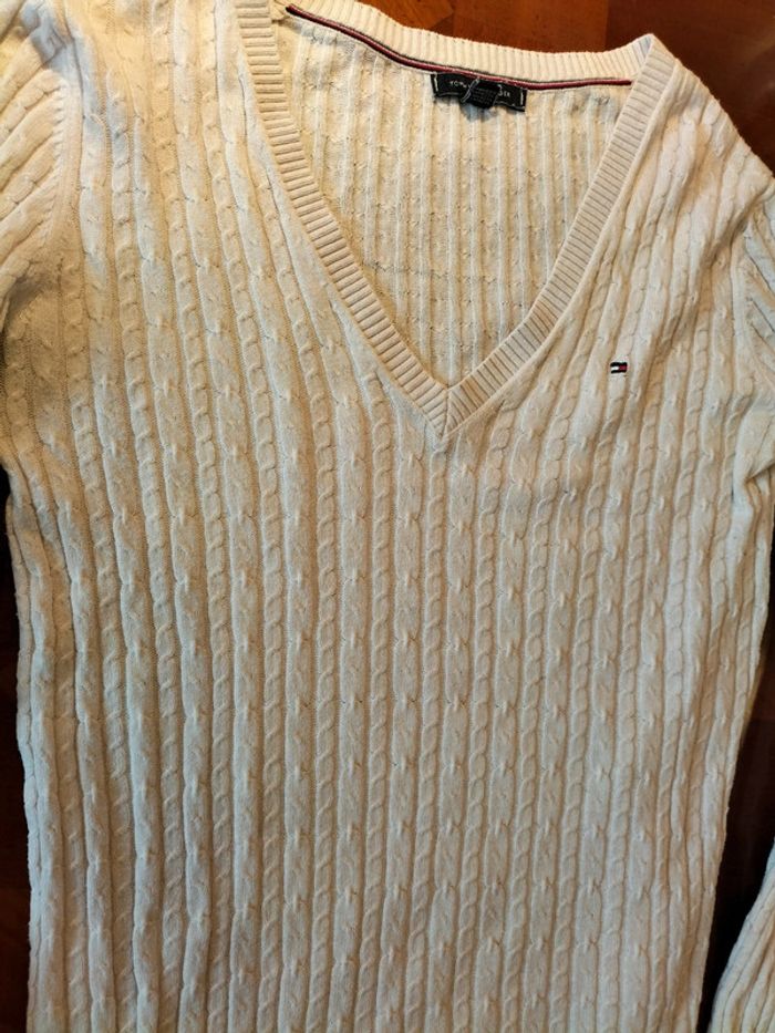 Pull blanc-crème, col V en laine torsadée - photo numéro 4