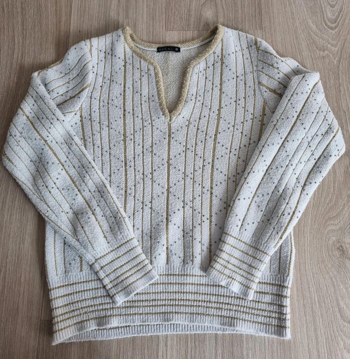 Pull a col V beige/or Bréal à stars Femme Taille M