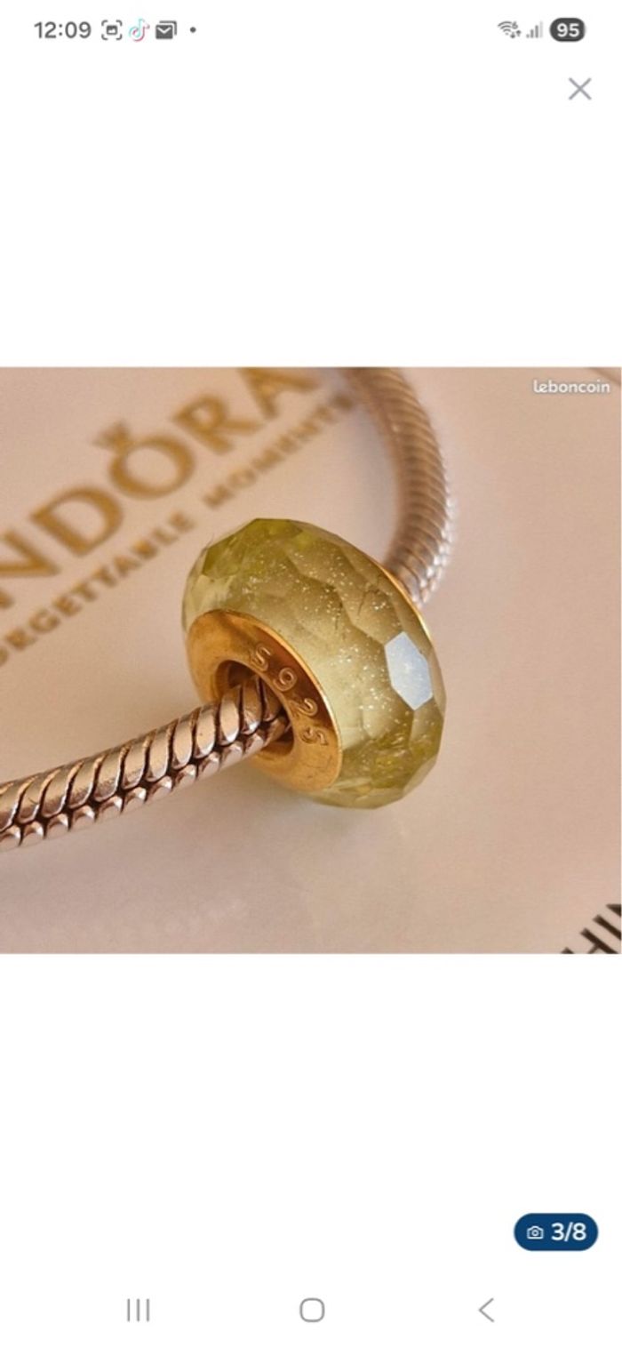 Charm compatible Pandora — verre facetté vert — argent 925 (S925) — cœur doré - photo numéro 7