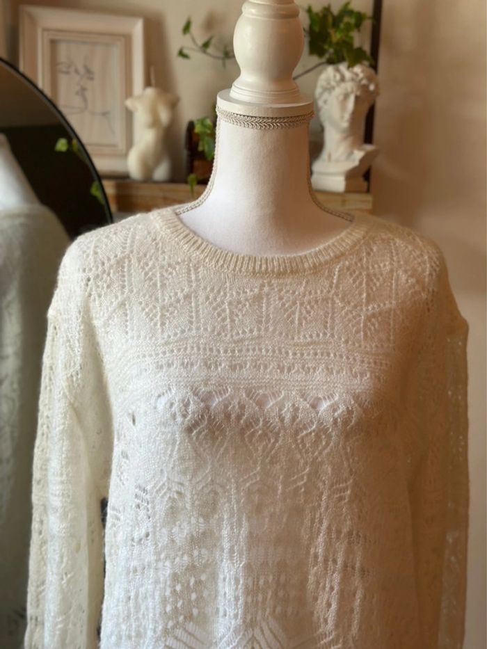 Pull blanc en maille fine ajourée en laine taille 42 - Promod - photo numéro 5