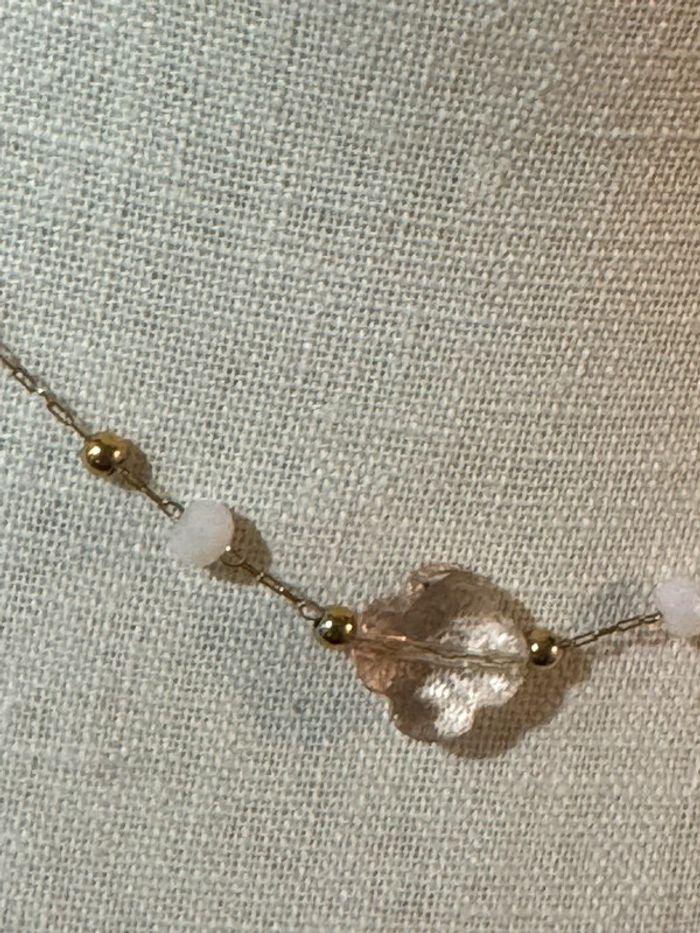 Collier réglable acier inoxydable or perle et trèfle rose pastel - photo numéro 2