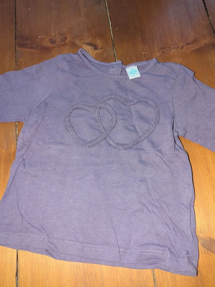 T-shirt coeur violet 12 mois manches longues fille - photo numéro 2