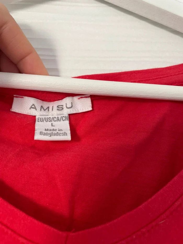 Haut t-shirt rouge simple uni basique décolleté col V manches courtes - photo numéro 5