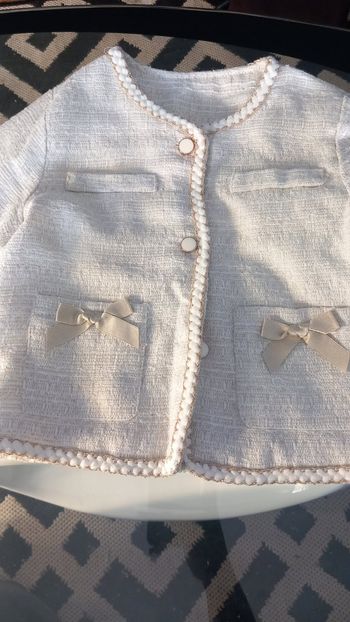 Veste chic fille 4-5 ans beige effet tweed avec petits nœuds