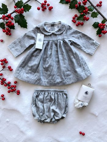 PETIT BATEAU - NEW - ENSEMBLE 3P BÉBÉ FILLE ROBE COL CLAUDINE & LISERÉS GUIPURE 6M