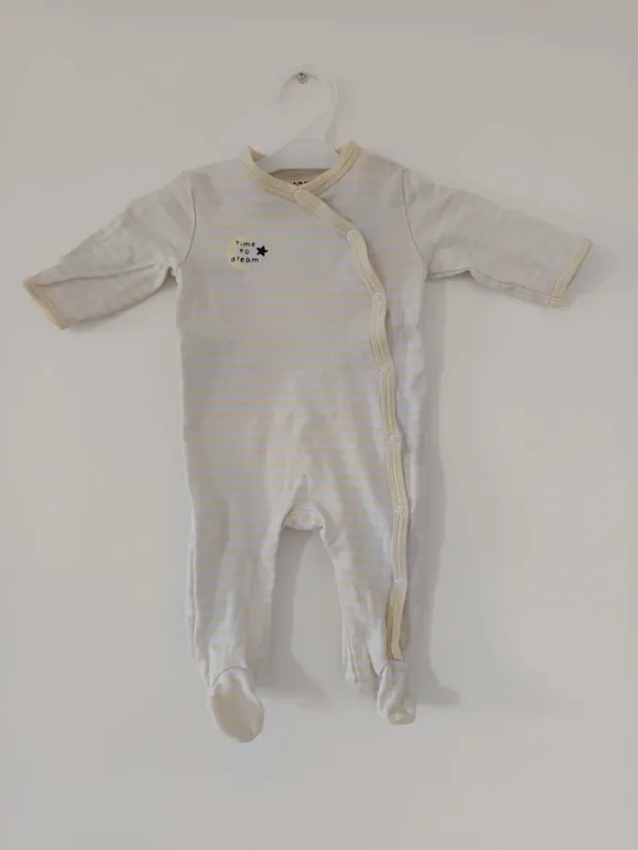 Grenouillère pyjama léger blanc à rayures jaunes lune étoile bébé 3 mois Kiabi