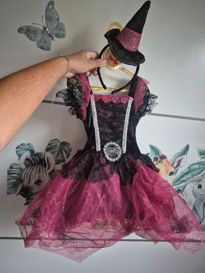 Déguisement halloween sorcière + serre tête chapeau 3 ans 98cm