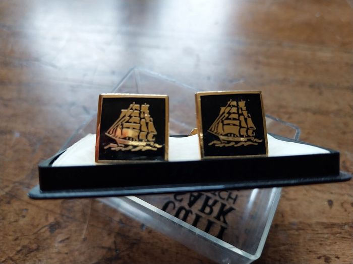 Boutons de manchette vintage marin voilier doré et noir - photo numéro 2