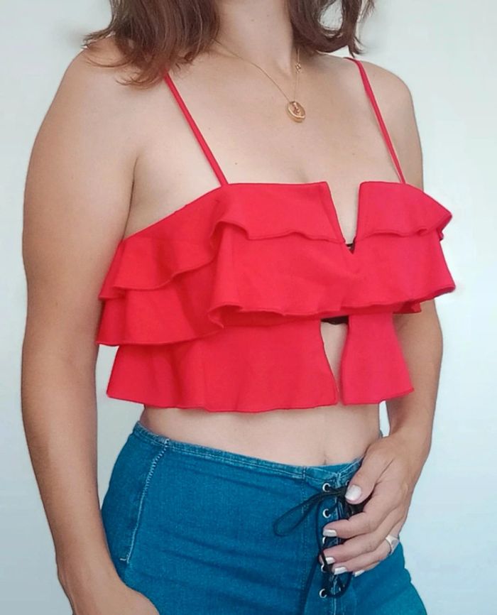 Top crop volante décolleté sexy rouge taille 36 - photo numéro 7