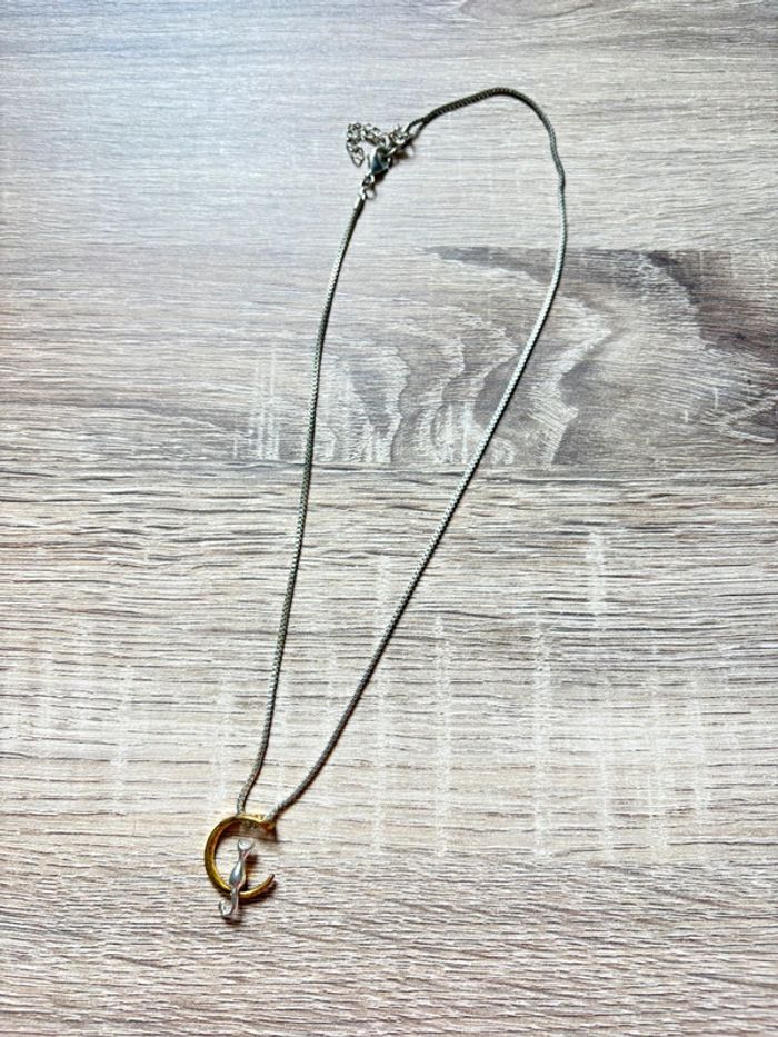 Collier chaîne pendentif lune et chat doré et argenté - photo numéro 2