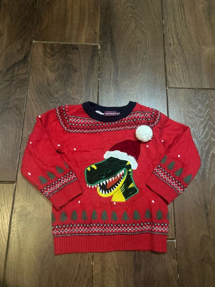 Pull rouge motif dinosaure de Noël sergent major 3 ans