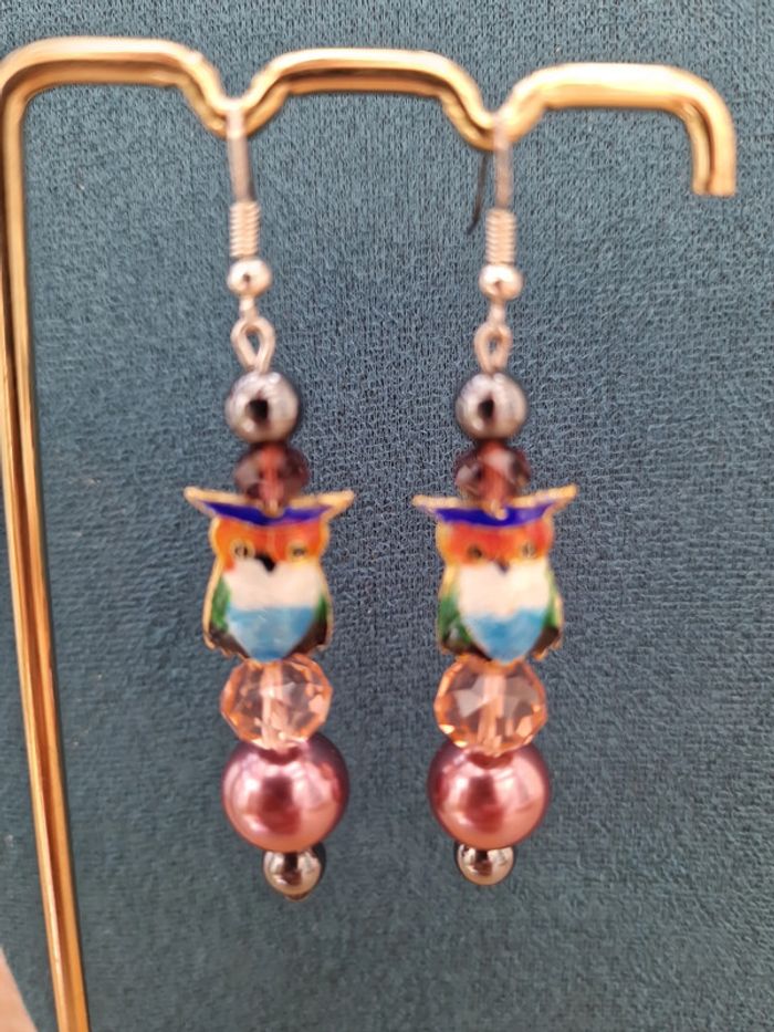 Boucles D'oreilles Hibou Perles Roses Grises Cristal - photo numéro 7