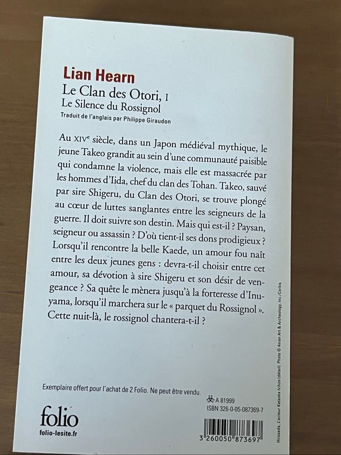 Le clan des Otori Tome 1 Le Silence du Rossignol Folio NEUF - photo numéro 2