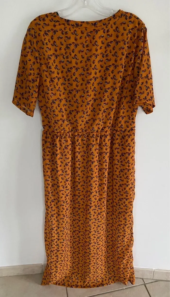 Robe longue in extenso manche courte doubler rouille imprimée feuille - photo numéro 5