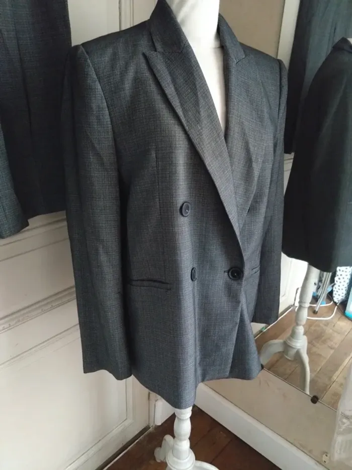 Tailleur Zara T.S 36 – Veste oversize & pantalon jambe large taille haute, gris chiné - photo numéro 15