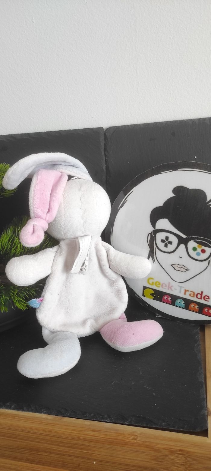 Doudou lapin bleu blanc rose sucre d'orge coeur oiseau fleur Plat Ancien Branche - photo numéro 2