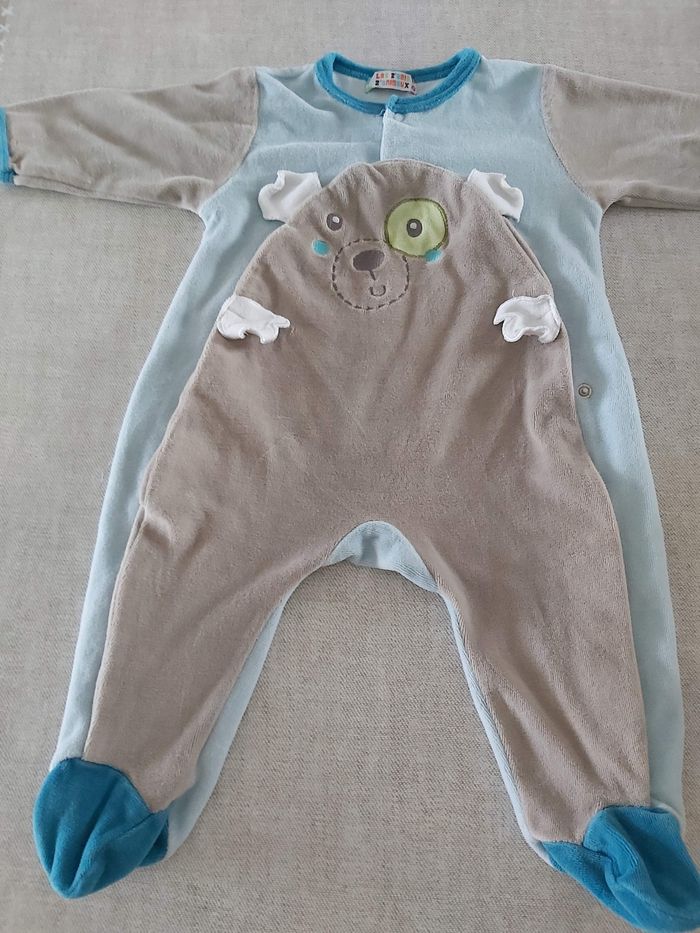 Pyjama en velour bleu et ours brun taille 6 mois - photo numéro 2