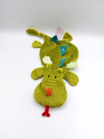 Doudou plat dragon vert Lilliputiens marionnette 40 cm attache tétine