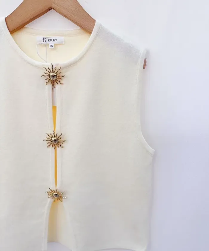 Pull haut sans manches beige étoile laine tendance - photo numéro 2