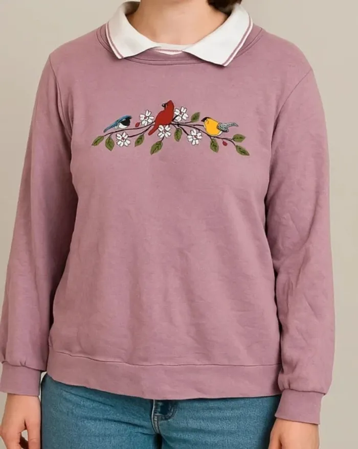Vintage Adrian Delafield Collared Birds Flowers Sweatshirt (1990s) - photo numéro 2