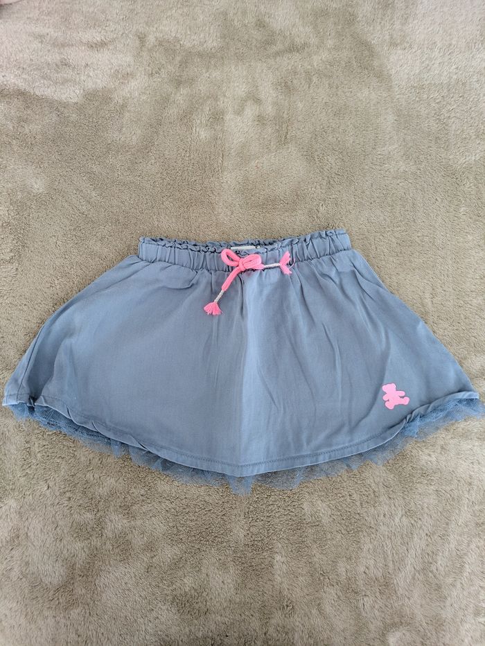 Jupe Volants Bleu Gris et Cordon Rose