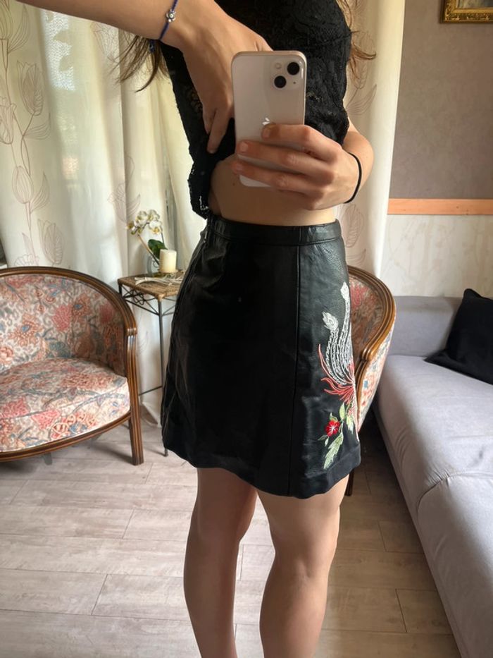 Jupe simili-cuir fleurie vintage à zip bohème champêtre country - photo numéro 3