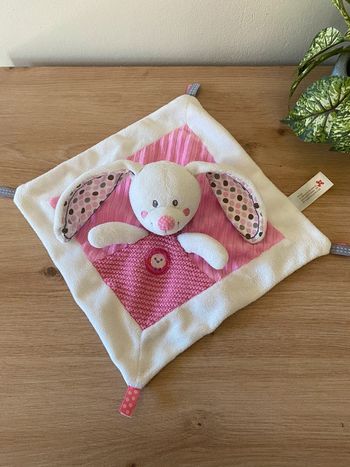 Doudou plat lapin rose blanc pois motif oiseau nicotoy