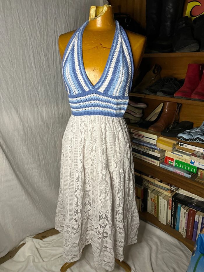 Robe maille dentelle bleu blanc - photo numéro 2