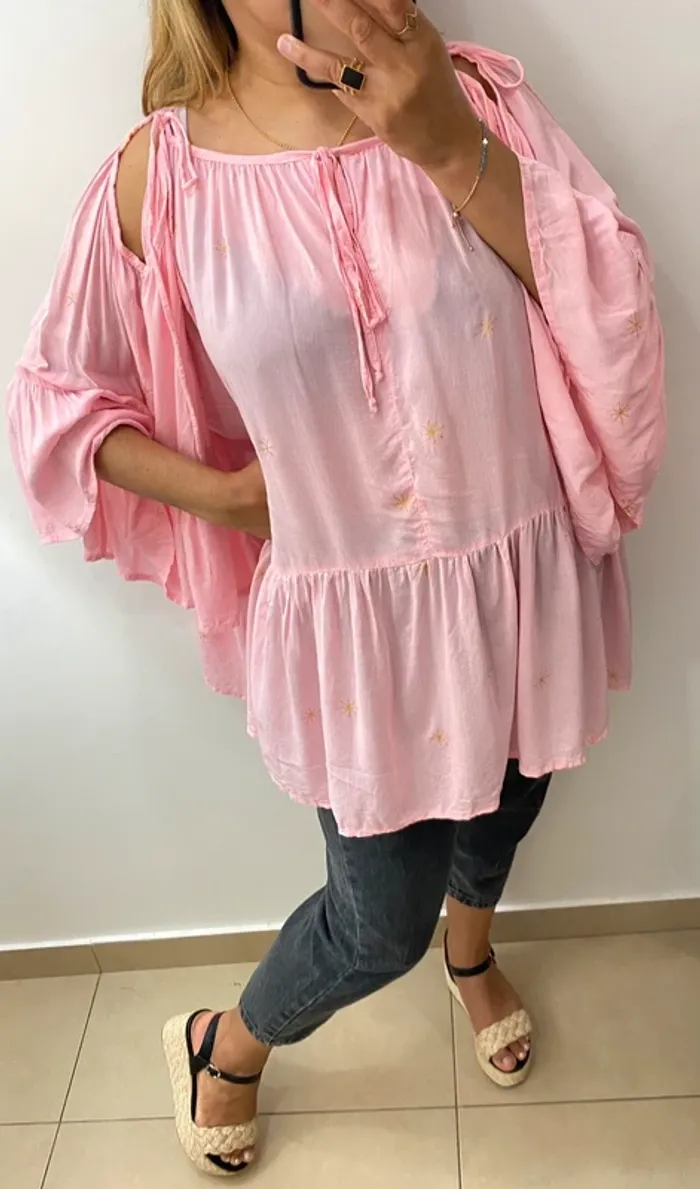 💕 Blouse ample Les NéoBourgeoises – rose à manches volantées Taille Unique - photo numéro 3
