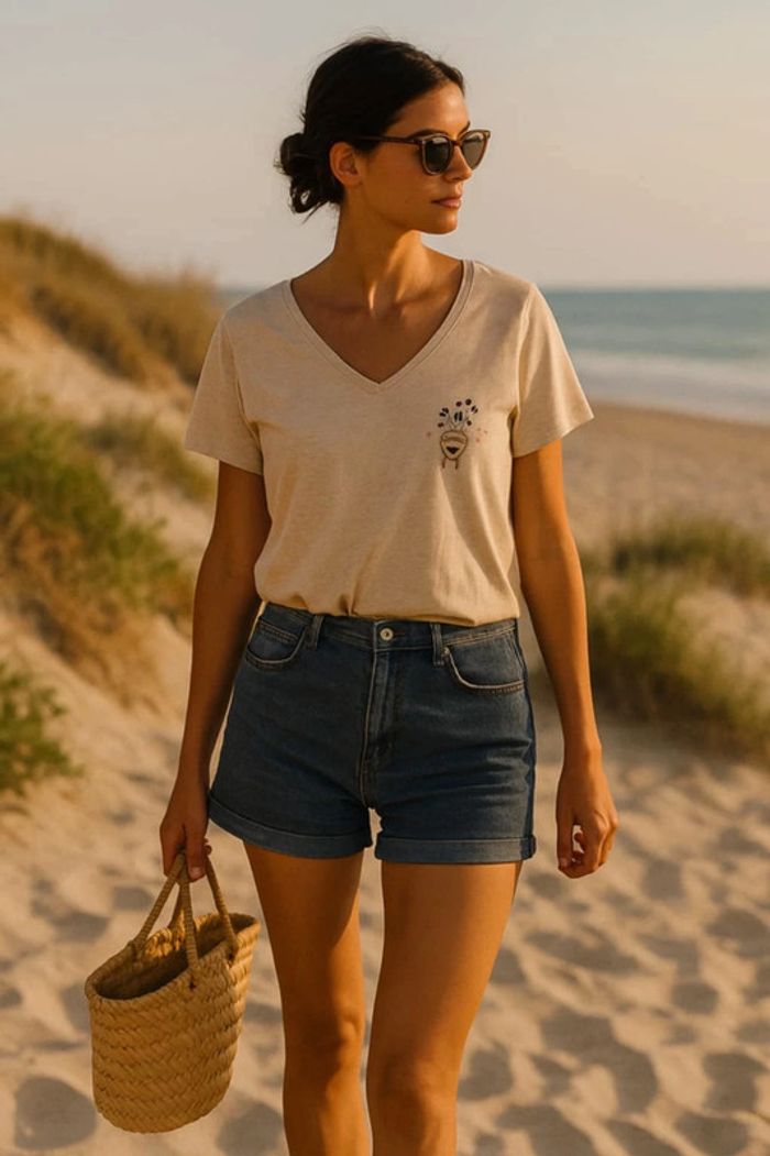 T-shirt beige brodé fleurs & visage one line fait main - Modèle unique