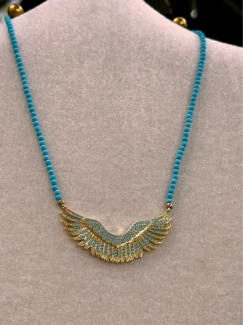 Collier chaîne réglable perles boules turquoises ainés cristaux mâts turquoises habaha Paris