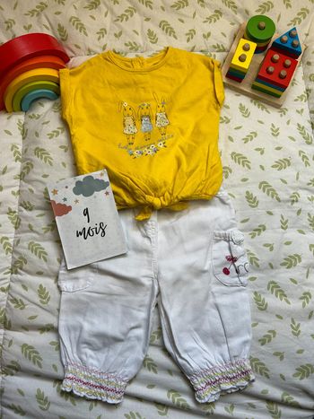ensemble pantalon blanc orchestra et teeshirt manches courtes jaune vertbaudet 9 mois