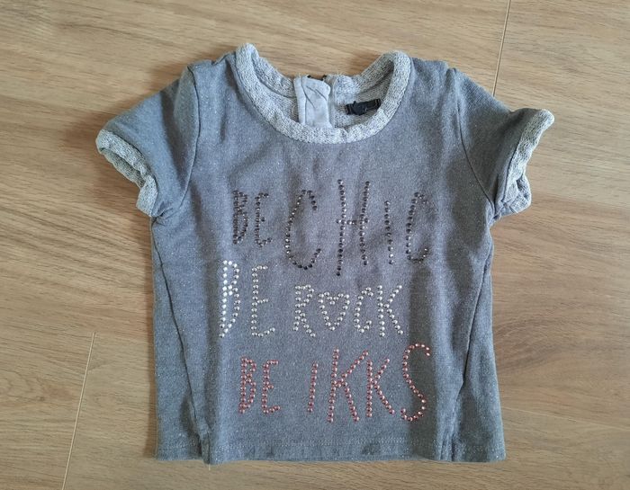 Pull gris fille à manches courtes "Be chic Be rock" IKKS 4 ans