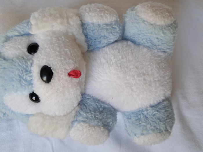 Peluche lapin bleu et blanc grelot marque nounours Hauteur 27 cm ancien vintage - photo numéro 4