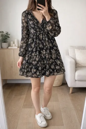 🌸 Robe fluide noire à imprimé fleuri – hyper tendance - Taille 36 / S