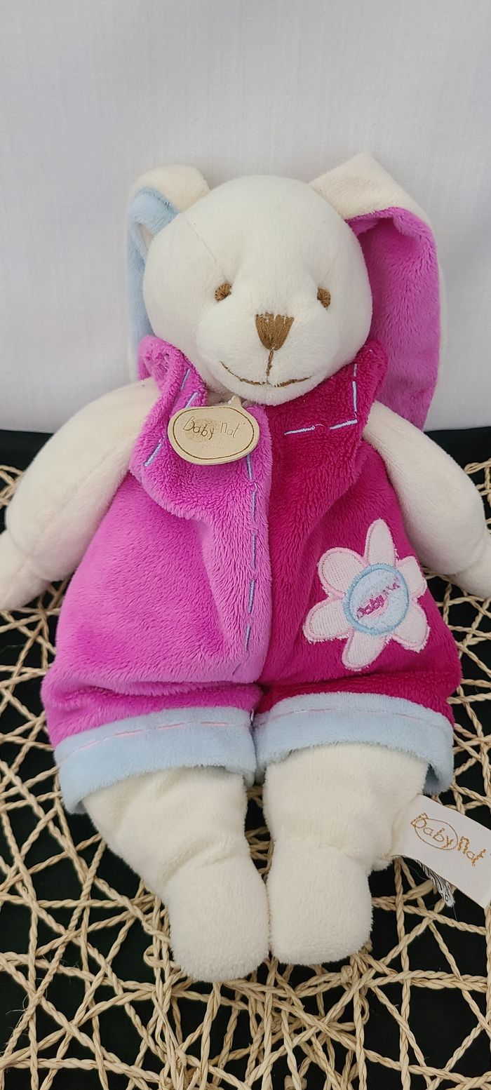 Doudou lapin blanc salopette rose bleu fleur BABY NAT