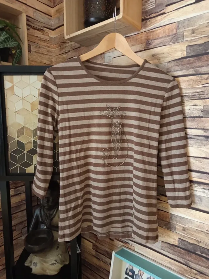 Pull léger vintage crème marron chat paillettes