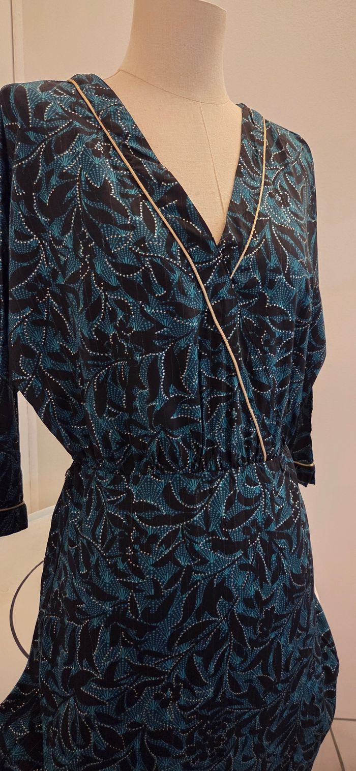 Robe Cache Cache fluide bleu canard & doré – style portefeuille – taille élastique – excellent état - photo numéro 2