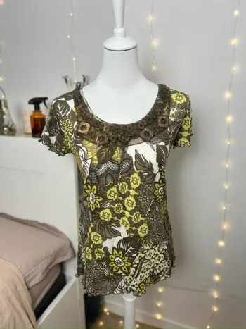 haut vert et marron vintage perlé à motifs fleuris taille L