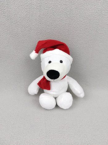 Doudou peluche ours polaire blanc bonnet Noël 22 cm KINDER Ferrero écharpe rouge sos doudou
