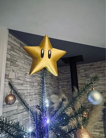 Étoile sapin de Noël Mario doré avec support pour fixer au sapins