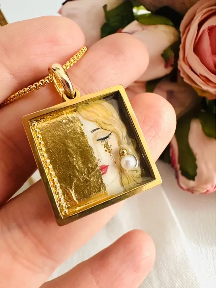 🥲Collier artisanal unique avec perle d’eau douce naturelle – inspiré de Gustav Klimt - photo numéro 8