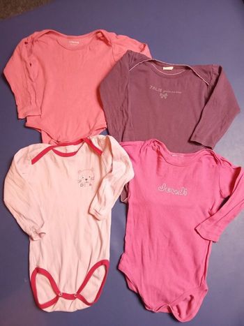 Lot de 4 bodys fille 36 mois, 3 ans , hiver, manche longue, rose, violine, motif