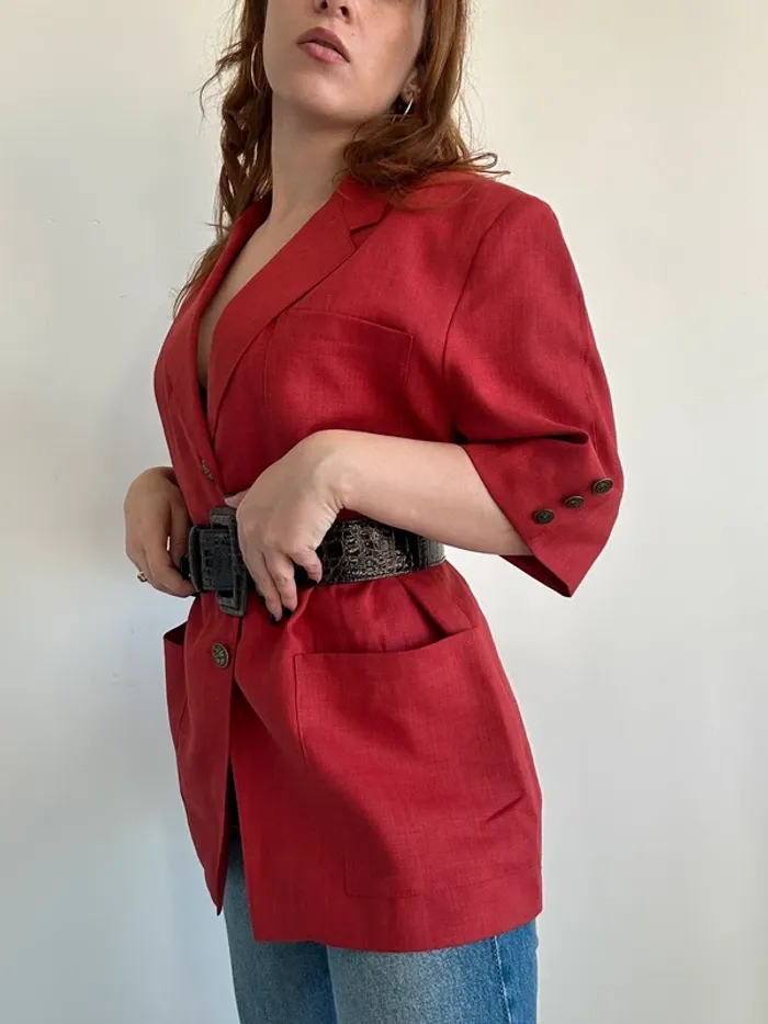 Veste tailleur vintage années 80 à manches courtes rouge taille L/XL 🥀 - photo numéro 3