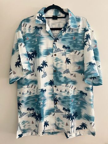 Chemise hawaïenne bleue motif palmier & bateau – look tropical taille XXL