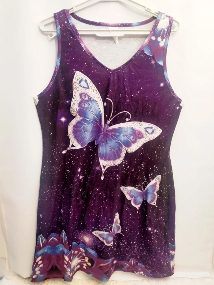 Robe d’été sans manches violette à motif papillon – Taille L – Neuve - photo numéro 2