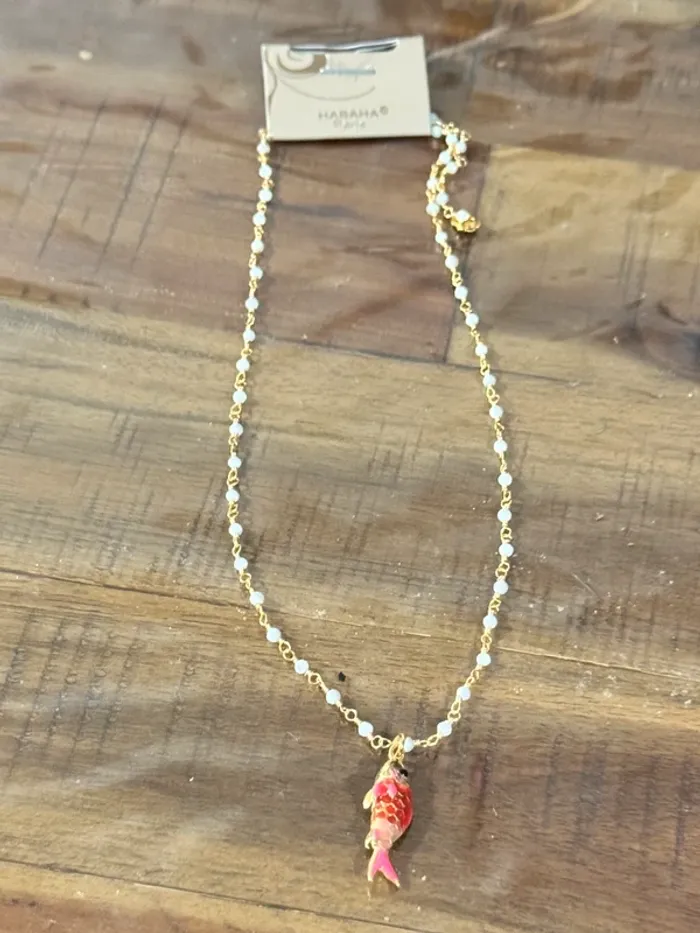 Collier habaha Paris perles jade acier inoxydable or pendentif poussin couleurs - photo numéro 2