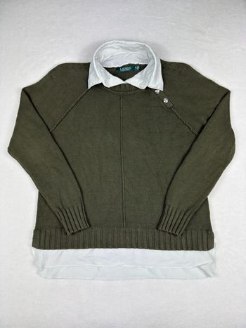 Pull col chemise Ralph Lauren femme vert kaki taille XL style preppy chic très bon état 02325